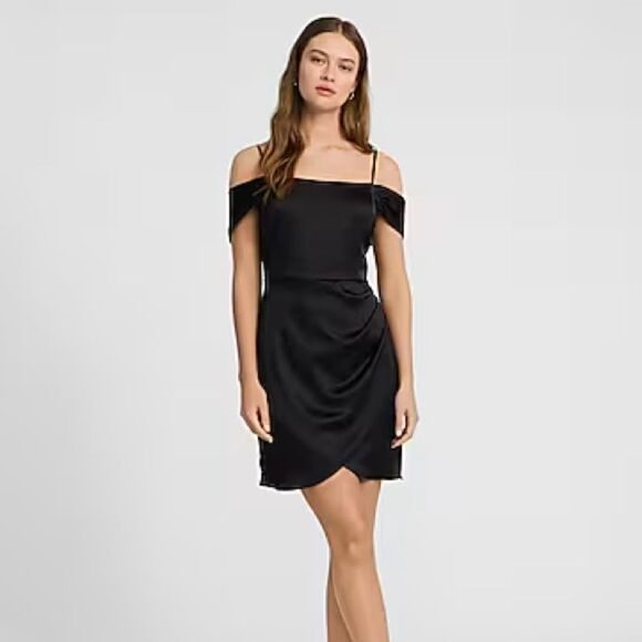 NWT Express Black Satin Off the Shoulder Mini Dress M - Picture 1 of 8